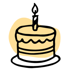 A simple line-art illustration of a birthday cake with a single lit candle, shown on a white background with a pale yellow circular backdrop.