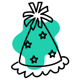 A simple line-art illustration of a party hat with black outlines, a teal fill, and small black stars, shown on a plain white background.