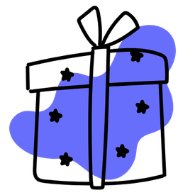 A stylized gift box illustration with a white body, black outlines, blue-purple splash shapes behind it, and small black star accents.