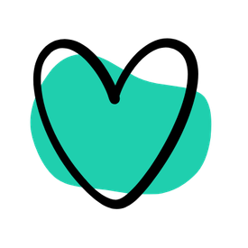 A minimalist graphic icon featuring a black hand-drawn heart outline over a solid teal-green abstract shape, set against a plain white background.
