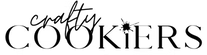 Black text reading 'crafty COOKiERS' on a white background, with 'crafty' in a cursive script and 'COOKiERS' in a bold serif typeface with a small paint splatter detail above the 'O'.