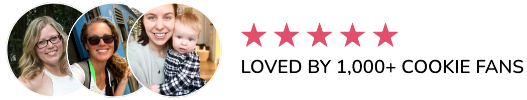 A banner featuring three circular photos of women and a child on the left, alongside five pink stars and the text 'LOVED BY 1,000+ COOKIE FANS' on the right.