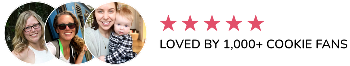 A banner featuring three circular photos of women and a child on the left, alongside five pink stars and the text 'LOVED BY 1,000+ COOKIE FANS' on the right.