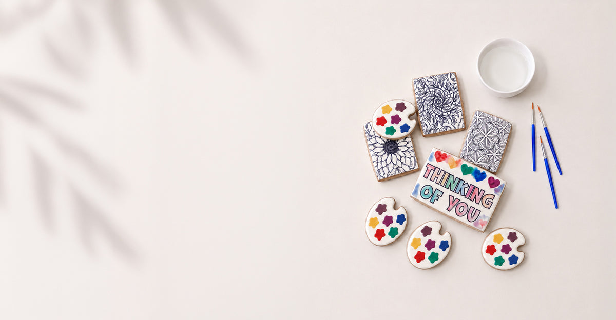 A styled flat-lay of colorful, hand-painted cookies on a light beige background with soft leaf shadows. The cookies feature various designs, including a central rectangular cookie with 'THINKING OF YOU' in rainbow lettering, several paint palettes with multicolored paint splatters, and two small blue paintbrushes next to a small white dish of white paint.