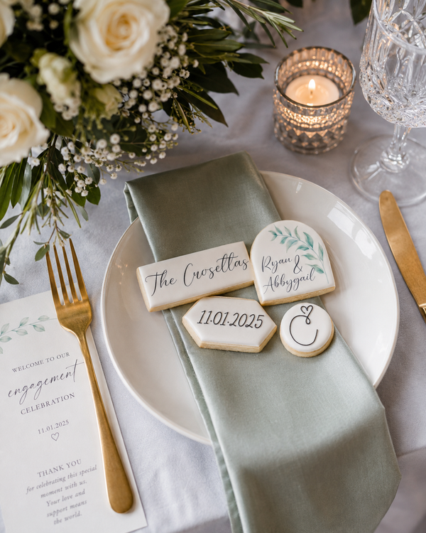 A styled wedding table setting featuring personalized sugar cookies on a sage green napkin over a white plate, alongside a gold fork, printed invitation card, lit candle, flowers, and a crystal wine glass on a light gray tablecloth.