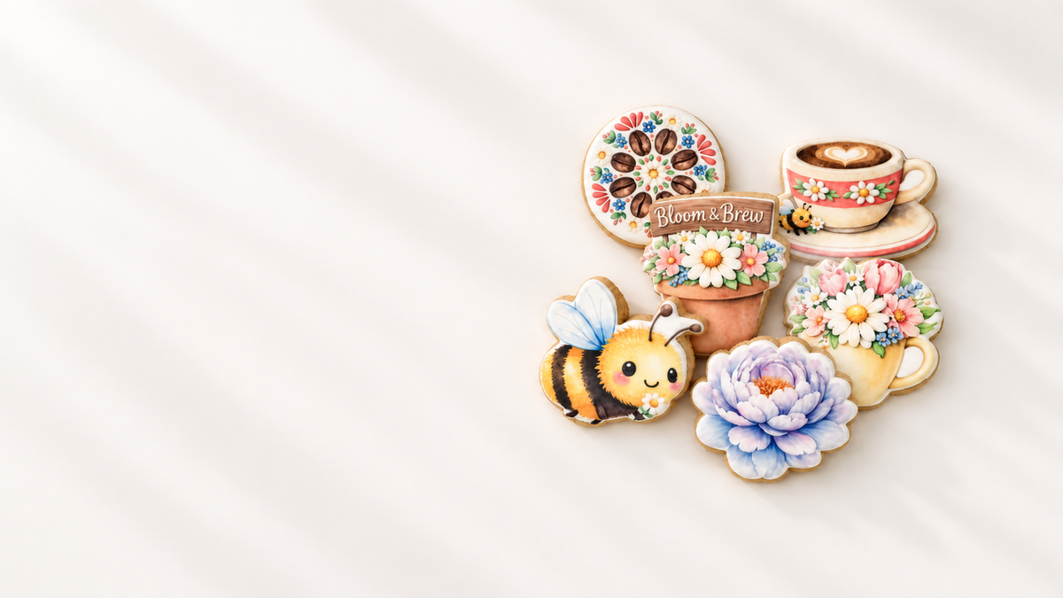 A group of decorated sugar cookies shaped like a flower pot, a coffee cup, a bee, and floral motifs, arranged on a light cream background with soft diagonal shadows.