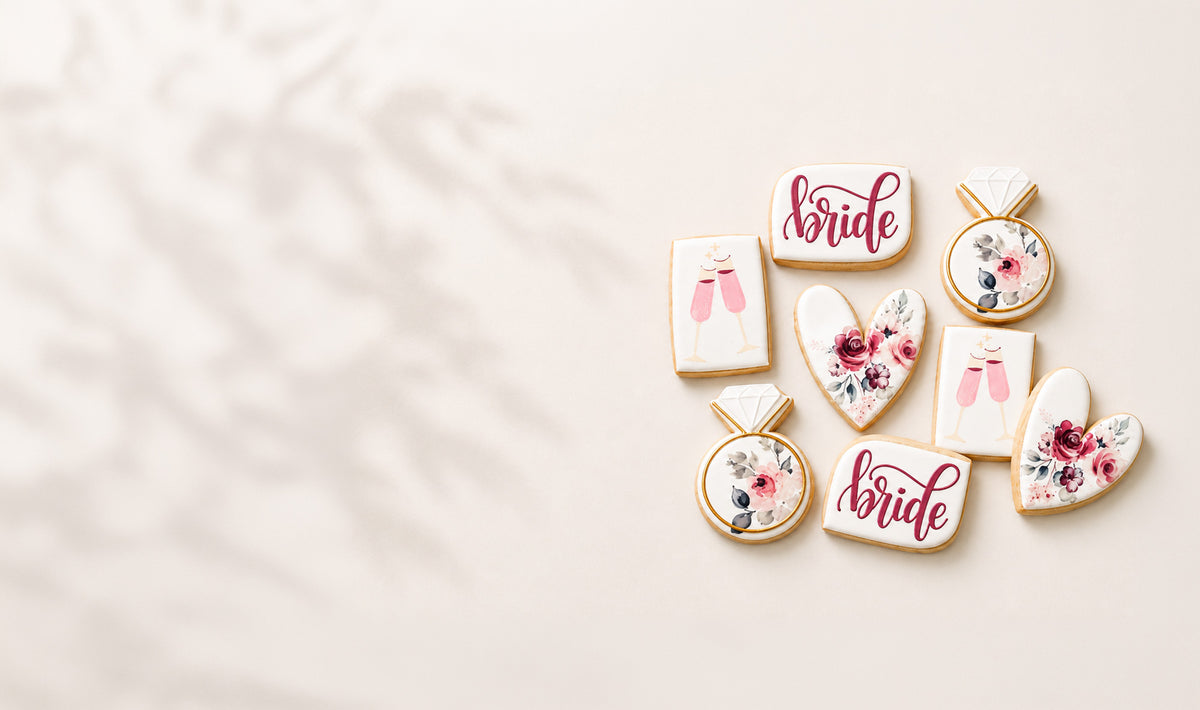 Six decorated sugar cookies shaped like champagne glasses, rings, and hearts with floral designs and the word 'bride' in script, arranged on a light beige surface with soft leaf shadows.