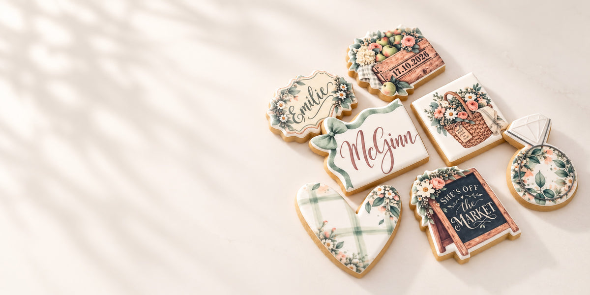 Six decorated sugar cookies arranged on a warm off-white surface with soft leaf shadows. The cookies feature floral designs, script names, and rustic text, including 'Emily', 'Melynn', and 'This is for My Husband'.